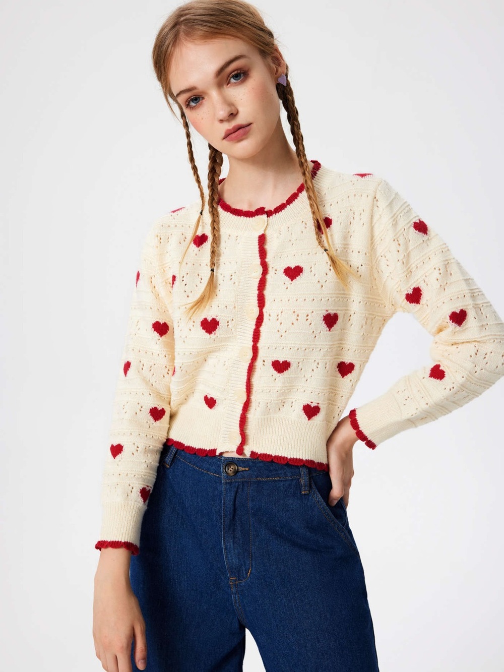 Cider Red Hearts Ivory Pointelle Knit Cardigan Sweater XL Cotrage Core Fall